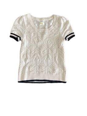 Mauve Cream Knit Short-Sleeve Sweater with Black Trim